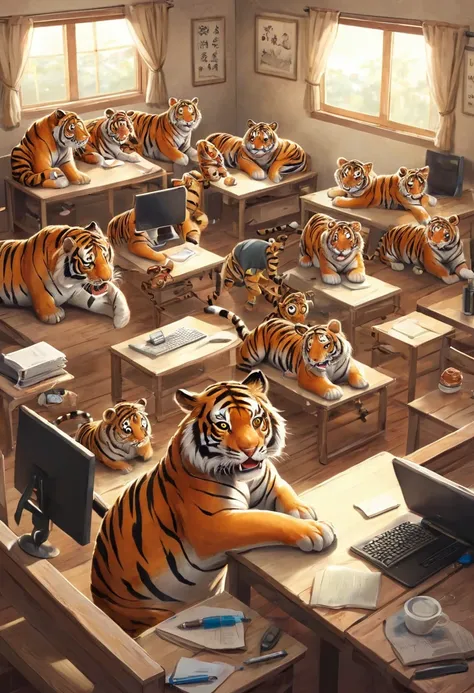 there are lots of cute tigers in the room，various expressions々，there are computers around