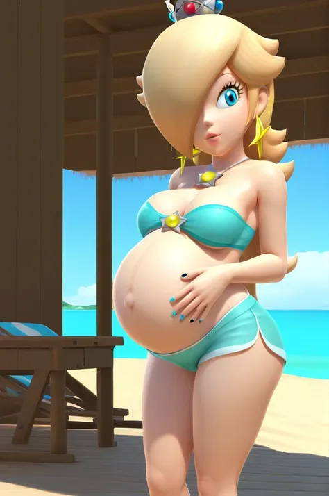 score_9, score_8_up, 1girl, solo, rosalina, style parody, thick outlines, bikini, shorts, pregnant belly, big belly, sleeveless,...