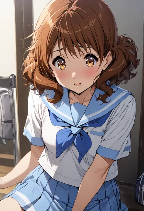 highest quality, masterpiece, detailed, nsfw, 1 girl, kumiko oumae, brown eyes, brown hair, short hair, wavy hair, skirt, shirt,...