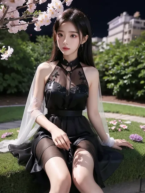 sheer skirt
sheer dress
sheer jacket,比基尼 (night), iridescence, In the park under the moonlight，A beautiful girl sitting among the flowers，Surrounded by blooming flowers and fluttering butterflies。Girl&#39;s cleavage is visible，The body leans back，Support y...