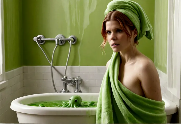 Kate Mara, age 25, dressed in a bath towel, is fleeing from her bathroom which is filling with translucent green slime that is extending slime tentacles at Kate
