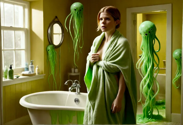 Kate Mara, age 25, dressed in a bath towel, is fleeing from her bathroom which is filling with translucent green slime that is extending slime tentacles at Kate
