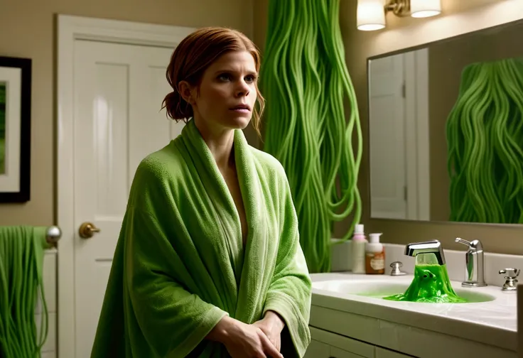 Kate Mara, age 25, dressed in a bath towel, is fleeing from her bathroom which is filling with translucent green slime that is extending slime tentacles at Kate
