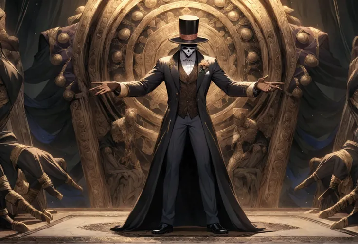 (((BARON SAMEDI))) best quality, ultra-high resolution, 4K detailed CG, masterpiece, man, formal wear, top hat, voodoo mythology, ((standing pose)), African aesthetic, centered screen
