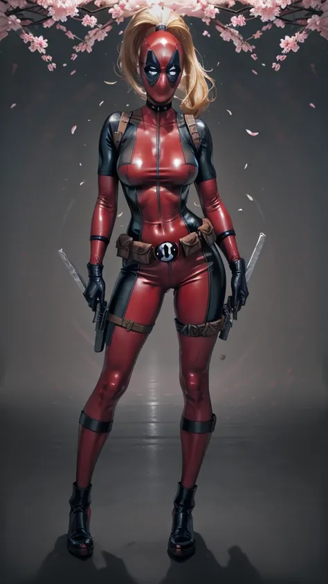 masterpiece, best quality, highres, contrapposto,
BodySuit_lady_deadpool_ownwaifu,
1girl, mask, blonde hair, ponytail, long hair, large breasts, no pupils, 
bodysuit, skin tight, superhero, belt pouch, utility belt, red bodysuit, gloves, weapon on back, th...