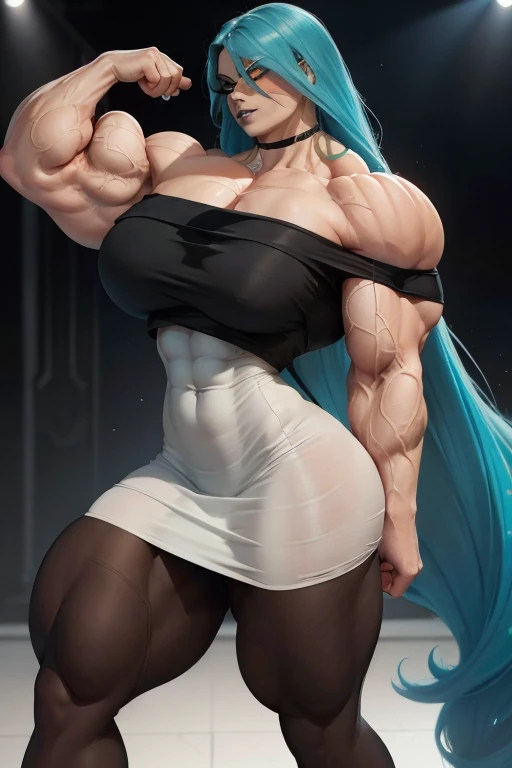 (Close-up), tall, (Cyan hair), beautiful muscular woman, long beachy hair, pale white shiny skinned, closed smile, (black lipstick), (massive muscles), (hyper muscle), ((ginormous bulky muscles)), orange eyes, (((black off shoulder tight pencil dress))), (...