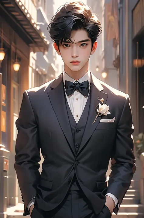 a young man in elegant looking costume posing as a model outside a building, 1boy, male focus, solo, Black hair, bow, formal, bowtie, realistic, suit