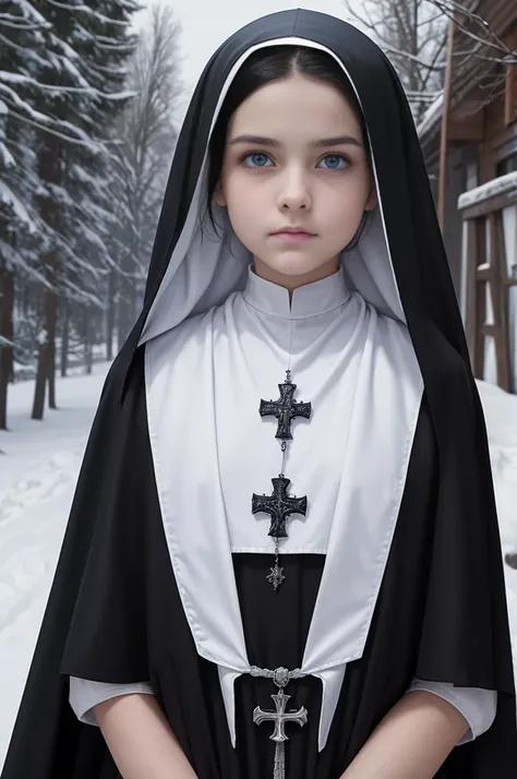  adolescent, evil, adolescent(1.3),13 year old,  adolescent, very small breaths, black hair and blue eyes, face detailed, rosto angelical,neckleace, breasts small, dressed in cloak, design with christian cross ,snow background in Prussia, Nun&#39;s Veil, w...