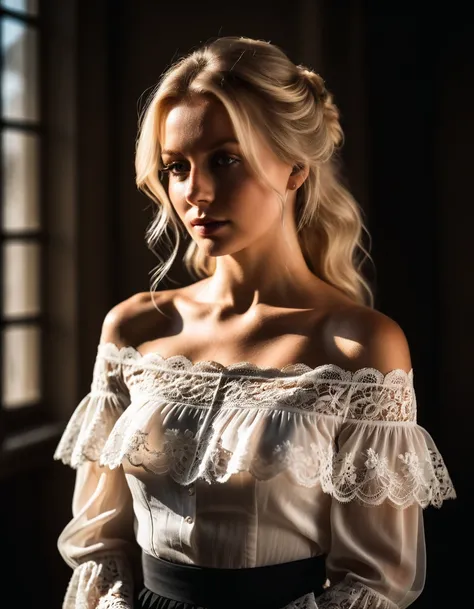 a character photographic portrait of a Danish woman with ash blonde hair in a romantic style, Off-the-shoulder lace blouse and long layered skirt., a character portrait by Matej Sternen, pexels contest winner, tonalism, backlit portrait, portrait soft ligh...