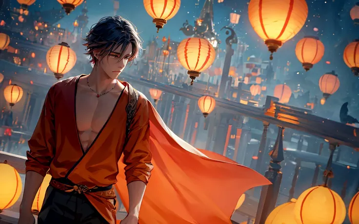 A handsome young man in white clothes with windblown hair standing thoughtfully on a balcony at dusk, gazing over a vast cityscape illuminated by floating lanterns in a twilight sky, creating a dreamlike and magical atmosphere. The primary light source is ...