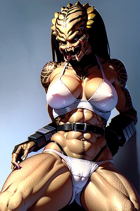 (masterpiece, 4K:1.15)                                                 BREAK                                                                                   ((muscler predator with  white underpants and bra, breast, perfectly detailed anatomy)):1.2, solo...