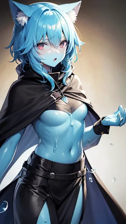 Blue Hair,Blue Skin,Black Cape,Cat ear,Liquid on the character,Slime,Lots of musical notes in the background,Combat Uniform,Underexposed eyes