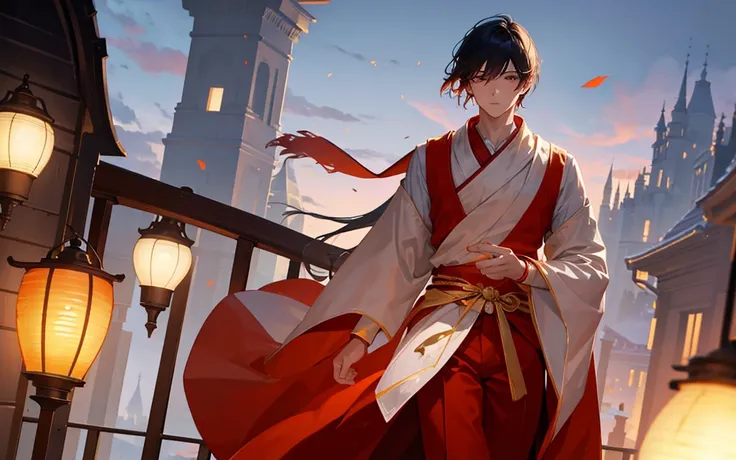 A handsome young man in white clothes with windblown hair standing thoughtfully on a balcony at dusk, gazing over a vast cityscape illuminated by floating lanterns in a twilight sky, creating a dreamlike and magical atmosphere. The primary light source is ...