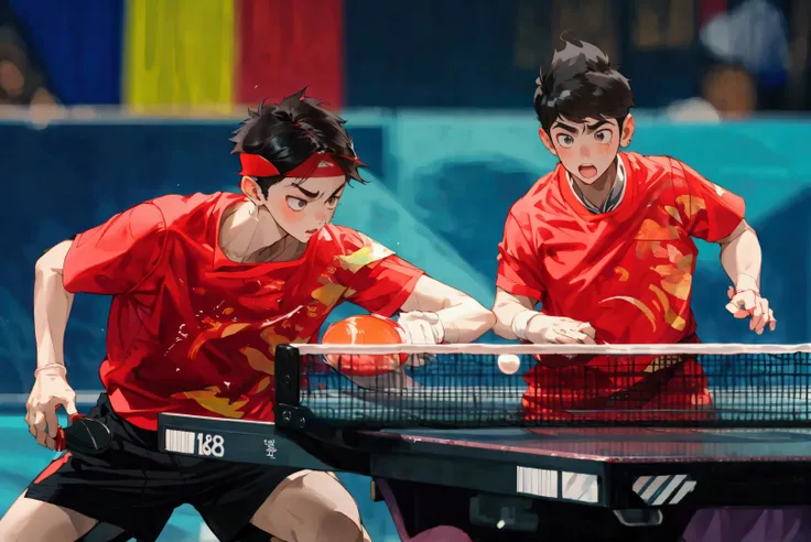 Boy and cute girl with short hair，Left male right female，18 years old，Delicate face，Wearing red T-shirt sportswear，Black sports shorts，Hand holding table tennis racket,Olympic Games Photos，China