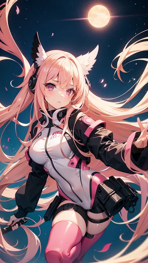 Adult woman, pink eyes, long blonde hair, floating on the sky, pink-black plugsuit, night