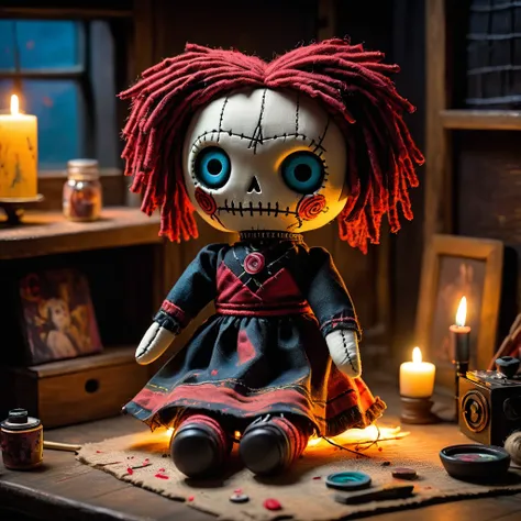 (knitted toy voodoo doll:1.7), (Voodoo in a house with living paintings:1.3), (Clothing: old-fashioned artists smock with paint splatters:1.0), (Accessories: miniature eerie canvases, tiny ghostly brushes, small glowing palettes:1.2), (background: dark roo...