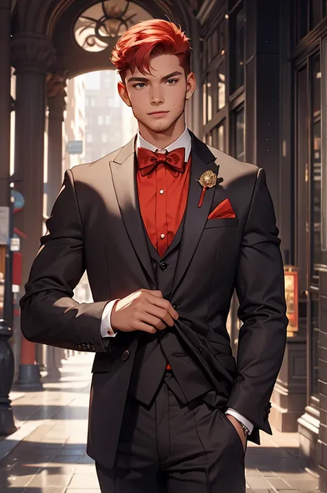 a young man in elegant looking costume posing as a model outside a building, 1boy, male focus, solo, red hair, bow, formal, bowtie, realistic, suit