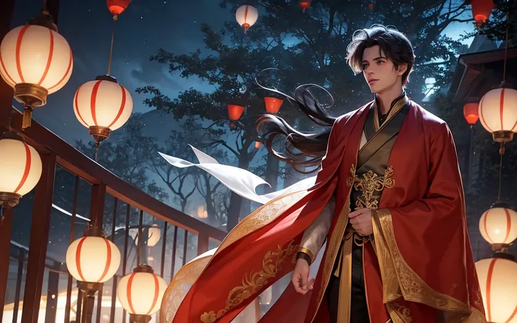 A handsome young man in white clothes with windblown hair standing thoughtfully on a balcony at dusk, gazing over a vast cityscape illuminated by floating lanterns in a twilight sky, creating a dreamlike and magical atmosphere. The primary light source is ...