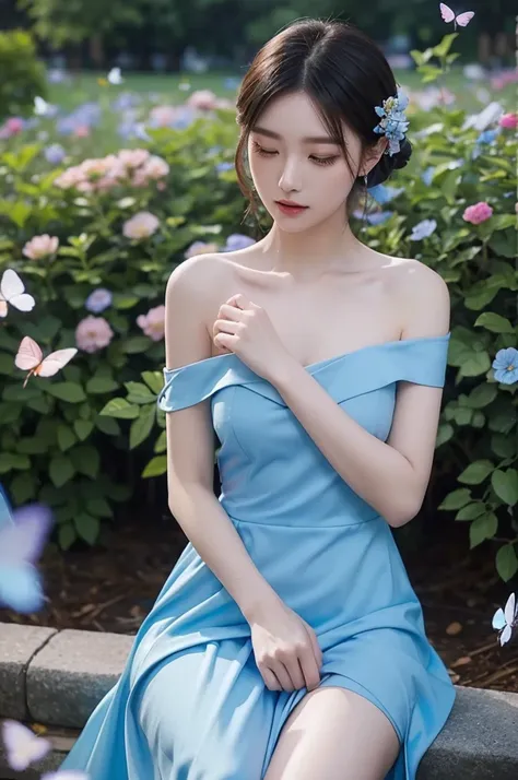 bjyx (nice with you). blue dress (night), ((single bare shoulder)), iridescence, In the park under the moonlight，A beautiful girl sitting among the flowers，Surrounded by blooming flowers and fluttering butterflies。Girl&#39;s cleavage is visible，The body le...