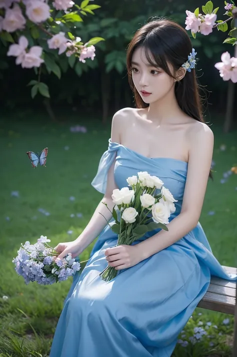 bjyx (nice with you). blue dress (night), ((single bare shoulder)), iridescence, In the park under the moonlight，A beautiful girl sitting among the flowers，Surrounded by blooming flowers and fluttering butterflies。Girl&#39;s cleavage is visible，The body le...