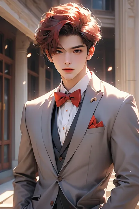 a young man in elegant looking costume posing as a model outside a building, 1boy, male focus, solo, red hair, bow, formal, bowtie, realistic, suit