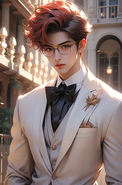 a young man in elegant looking costume posing as a model outside a building, 1boy, male focus, solo, red hair, bow, formal, bowtie, realistic, suit