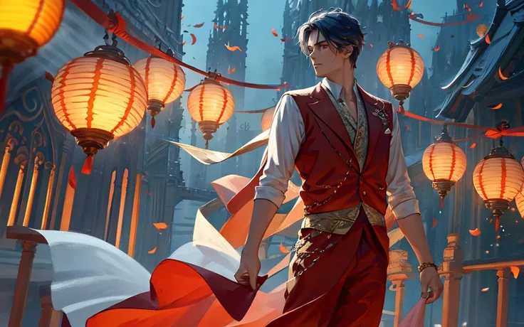 A handsome young man in white clothes with windblown hair standing thoughtfully on a balcony at dusk, gazing over a vast cityscape illuminated by floating lanterns in a twilight sky, creating a dreamlike and magical atmosphere. The primary light source is ...