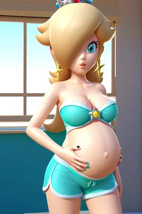 score_9, score_8_up, 1girl, solo, rosalina, style parody, thick outlines, bikini, shorts, pregnant belly, big belly, sleeveless, strapless, cleavage, indoors, beach, black nails, complete body, perfect, blue nails,