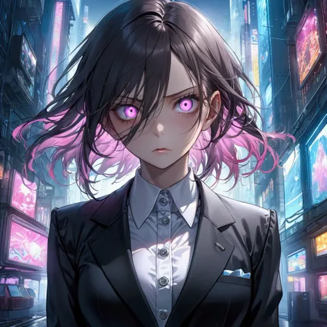 16K, HDR, Renesas Electronics, Ray Tracing, Natural Lighting, absurd, A masterpiece of the finest quality, Perfect anatomically detailed face, Delicate eyes, 1 Girl, Solitary, Wearing a suit, shirt, Top button open, Beautiful hair, extreme beauty, impatien...