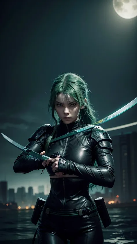 A woman with green hair and blue eyes wearing a black ninja suit and two katanas angry while floating with the background of a city with jade zombies next to her 