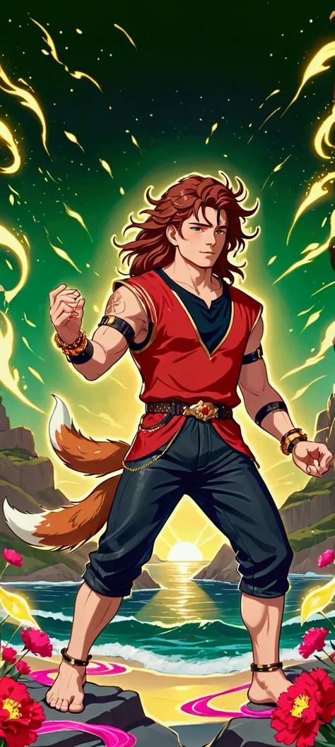 Young man tall handsome toned with shoulder-length hair of reddish brown color, wearing a black shirt and pants, leather huaraches, a gold bracelet on his biceps, a palladium crown adorned with amber crystals and a little fox playing on his feet surrounded...