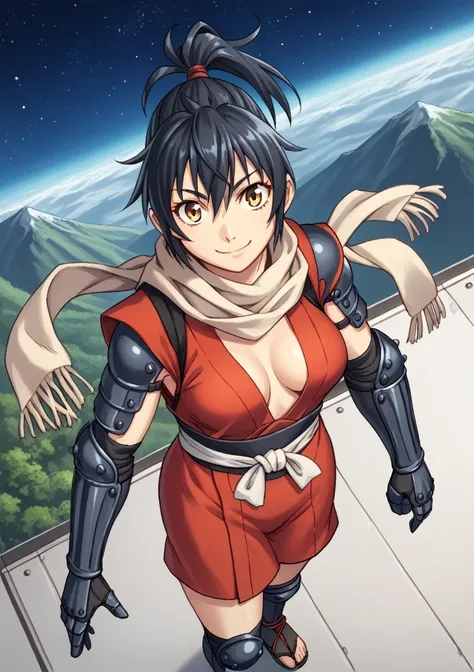 1 girl, medium hair, black fur, yellow eyes, ponytail, scarf, Ninjas, open japanese clothes, Sarashi, Sarashi de pecho, thighs, gauntlets, Gloves without fingers, medium breasts, Session, space, looking at the viewer, smile, teahouse, mountain score_9, sco...