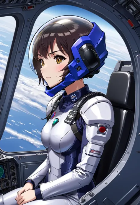 ((Female pilot in the cockpit of a reconnaissance plane), (airplane cockpit), (in flight), (10000 feet altitude)、(sky view):1.7),, short hair, street, emo, BLACK hair, white eyes, eyeliner, apocalypse, girl, nside the (cockpit:1.9) of a (futuristic spacesh...