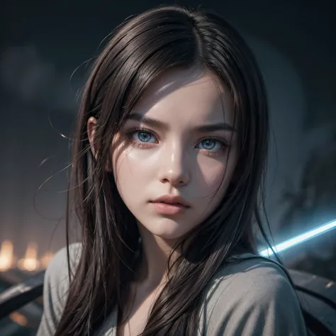 Age 16, Young girl, ((masterpiece)), ((best quality)), (ultra-detailed), ((extremely detailed)), long hair, black hair, hair ornament, red eyes, pretty makeup face, Cultivator female, Fight Cloth, holding sword, Red Glowing Sword, glowing sword, standing, ...