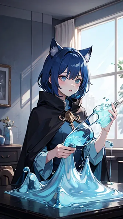 Blue Hair,Blue Skin,Black Cape,Cat ear,Character Liquid,Slime,There are lots of musical notes in the background