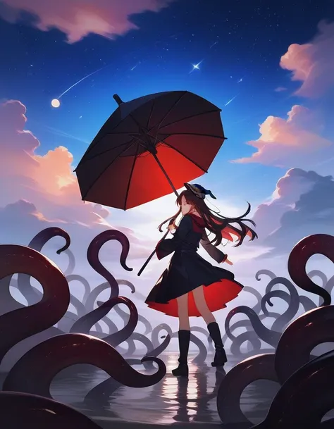 (Fraction_9,Fraction_8_up,Fraction_7_up,Fraction_6_up,Fraction_5_up,Fraction_4_up),1girl,have,witch_have,long_hair,Sky,Tentacles,Solitary,skirt,Keep,Star_(Sky),cloud,witch,Black_Headdress,scylla,long_sleeve,monster_girl,Black_skirt,Keep_umbrella,floating_h...