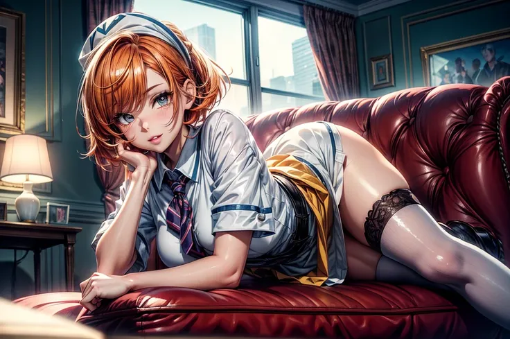 (masterpiece)(8k)(cute)(close-up) a 18-year old girl, white apron, knee high socks, sitting on chair, leg hanging over armchair, lewd, orange hair, short hair, messy hair, white bandana, lime green pupils, seductive smile, (glossy lips:1.2), (shiny skin:1....