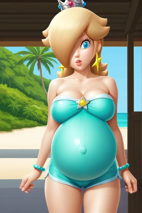 score_9, score_8_up, 1girl, solo, rosalina, style parody, thick outlines, black bikini, shorts, pregnant belly, sleeveless, strapless, cleavage, indoors, beach, front view