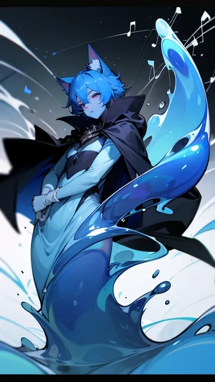 Blue Hair,Blue Skin,Black Cape,Cat ear,Character Liquid,Slime,There are lots of musical notes in the background