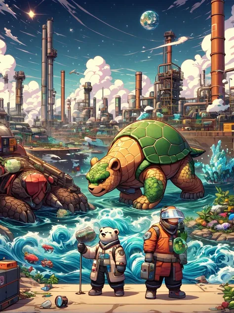 Scientists stand on a hot planet with plastic waste, sea turtles eat trash, industrial plants, smoke, air pollution, polar bears, melting ice.