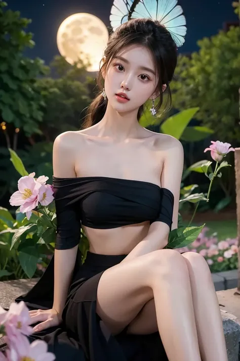 crop top overhang, (night), ((single bare shoulder)), iridescence, In the park under the moonlight，A beautiful girl sitting among the flowers，Surrounded by blooming flowers and fluttering butterflies。Girl&#39;s cleavage is visible，The body leans back，Suppo...