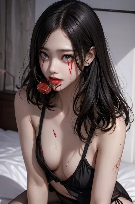 Highest quality, masterpiece, look up, cute,(Horror),(((Beautiful zombie girl))),Dead,Trying to bite,(((Bleeding,Injured))),(((Shedding tears of blood))),((口からBleeding)),((Covered in blood)),((Bitten all over the body)),((Sexy)),(sexy),((Small breasts)),(B...