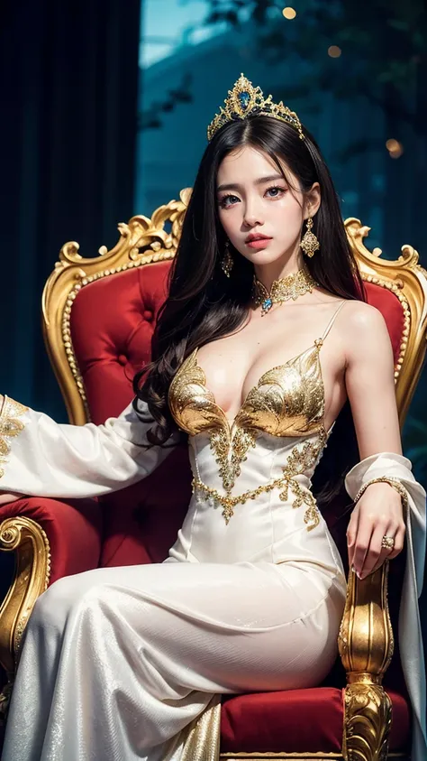 Depict Boa Hancock in her royal gown during the Reverie. She’s wearing a magnificent white and gold dress with elaborate designs and a crown-like headpiece. Boa is seated gracefully on a throne, exuding an aura of authority and elegance, with her piercing ...