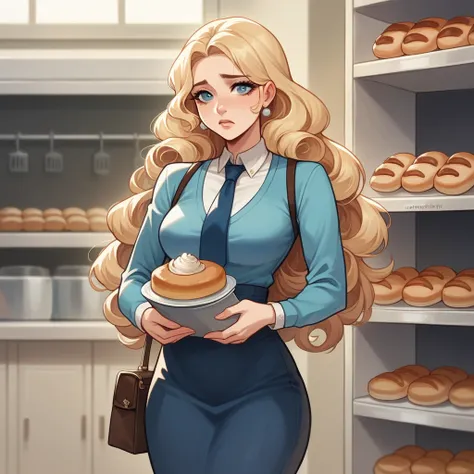 Beautiful woman 25 years old, not very high, long curly light blonde hair, Thin waist, big tits, well-shaped and large hips. She wears a secretary uniform with a tie, she is in front of a bakery, she carries a purse, she is standing, She is looking sad and...