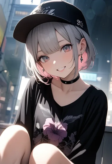 Very cute 15 year old girl, ((She has some silver earrings in her ears.. Stylish black baseball cap. Black choker、Black punk fashion))、(Gray hair color、Light pink inner color hairstyle、short hair、Hair expressed with a delicate touch), Beautiful Hair, Facia...