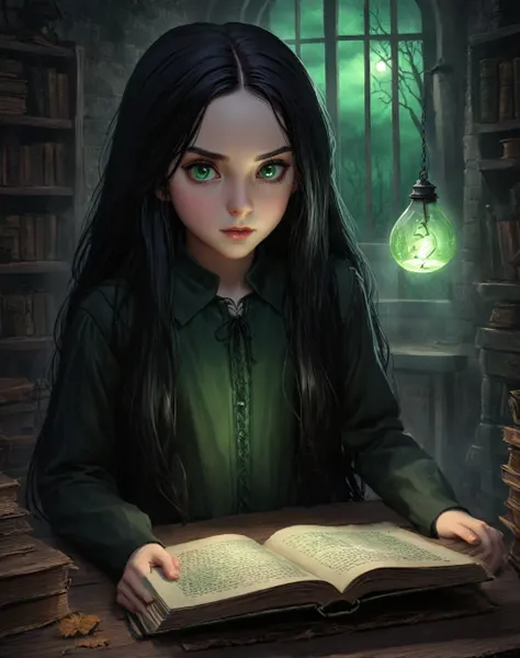 illustration of 11 years old daughter of severus snape, ,long black hair,pale skin,hair over eyes,green eyes,witch, cover page, highres, paid reward available, unparalleled masterpiece, terrifying tale, Hansel and Gretel perfect anatomy, good lighting, vol...