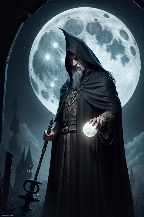 A dark fantasy drawing of a wizard looking at the full moon