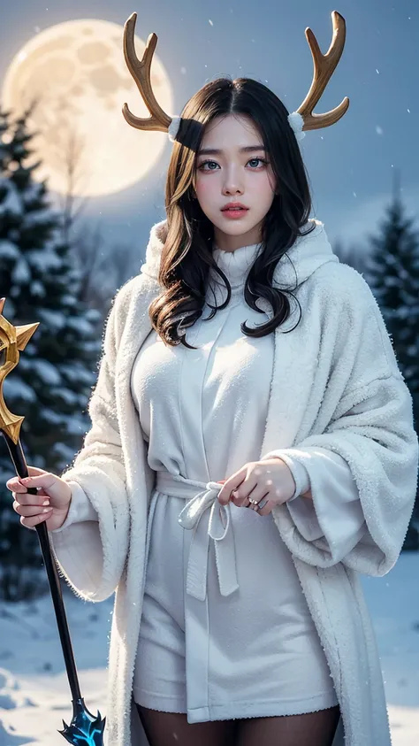 Create an image of Lillia in her Snow Moon skin from League of Legends by Riot Games,massive k-cups,She’s dressed in an elegant, winter-themed outfit with icy blue and white accents, featuring a frosty robe, snow-covered antlers, and a staff that radiates ...