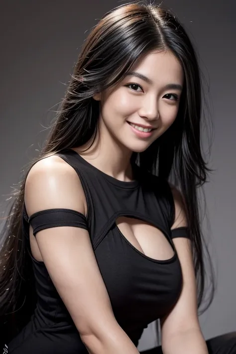 masterpiece, best quality, photorealistic, raw photo, 1girl, Black Long hair, Large breast, Black Muscle Shirt , light smile, detailed skin, pore, simple background, Upper-body, facing the viewer, close-up