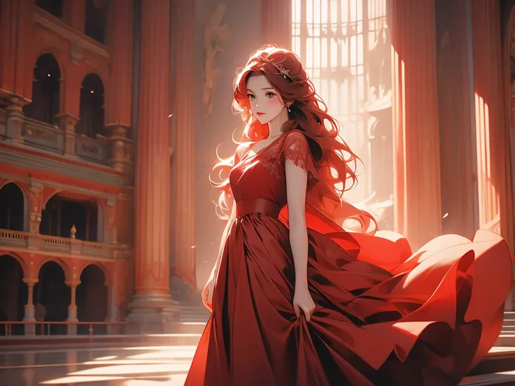 woman in a red dress wearing a red headband in a building, 1girl, solo, dress, red hair, red dress, long hair